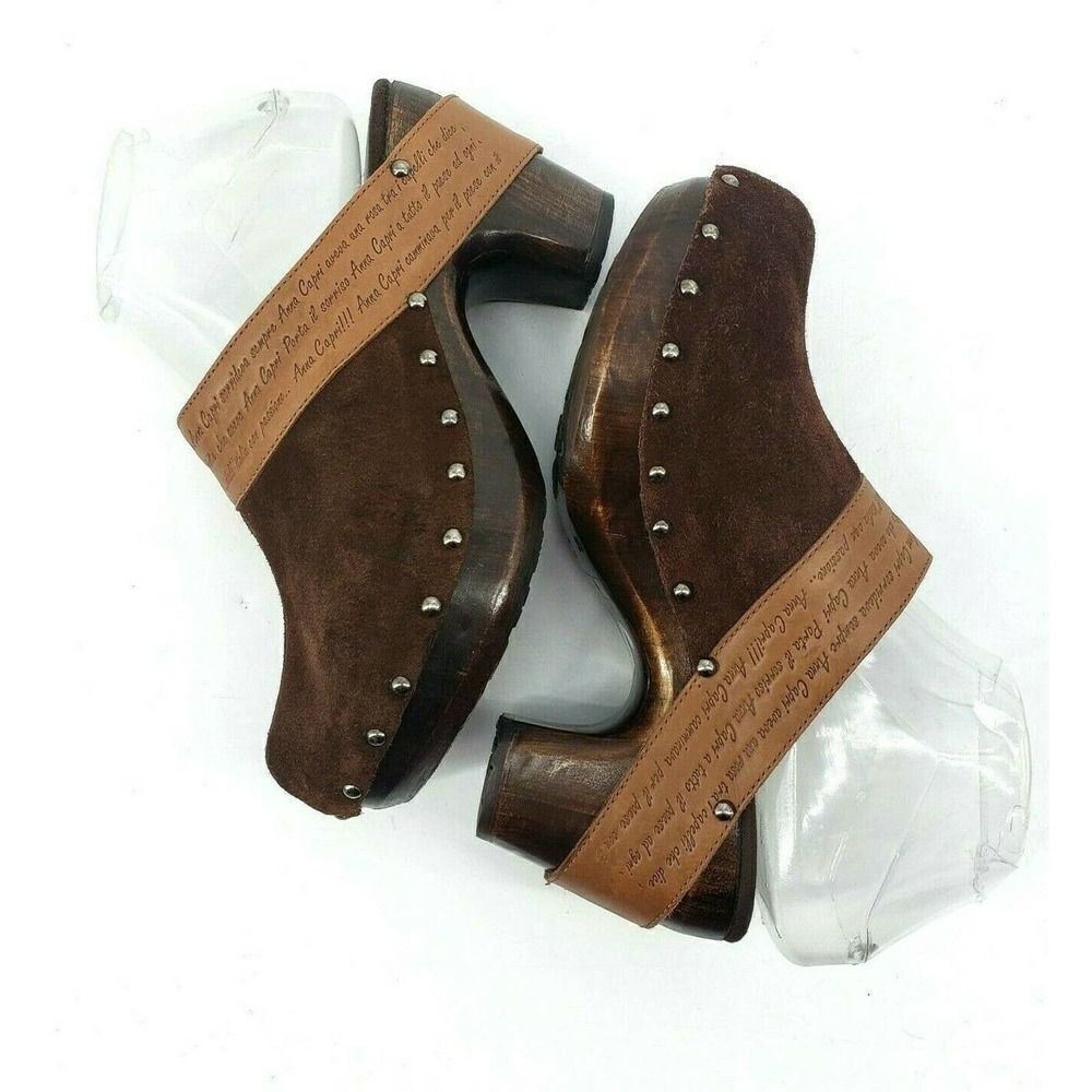 Anna Capri Brown Suede Studded Mule Clog‎ Shoes Size 39 EU 8 US Heel Italy